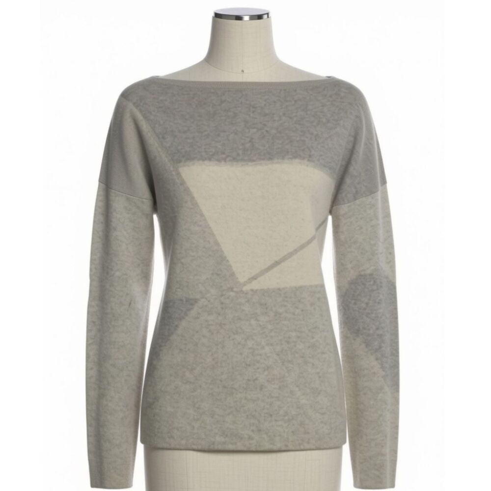 Vince Wool Cashmere Abstract Jacquard Boatneck Sweater Grey Cream S - Picture 3 of 7